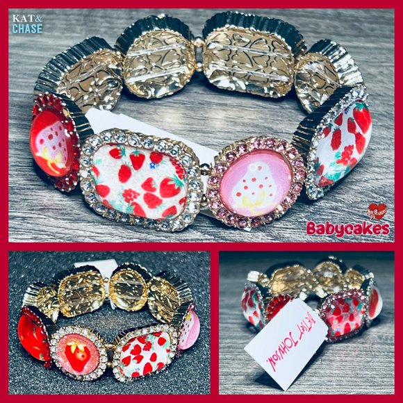 Betsey Johnson Babycakes Strawberry Stretch Bracelet Red Pink Crystal Food Berry - Picture 2 of 11